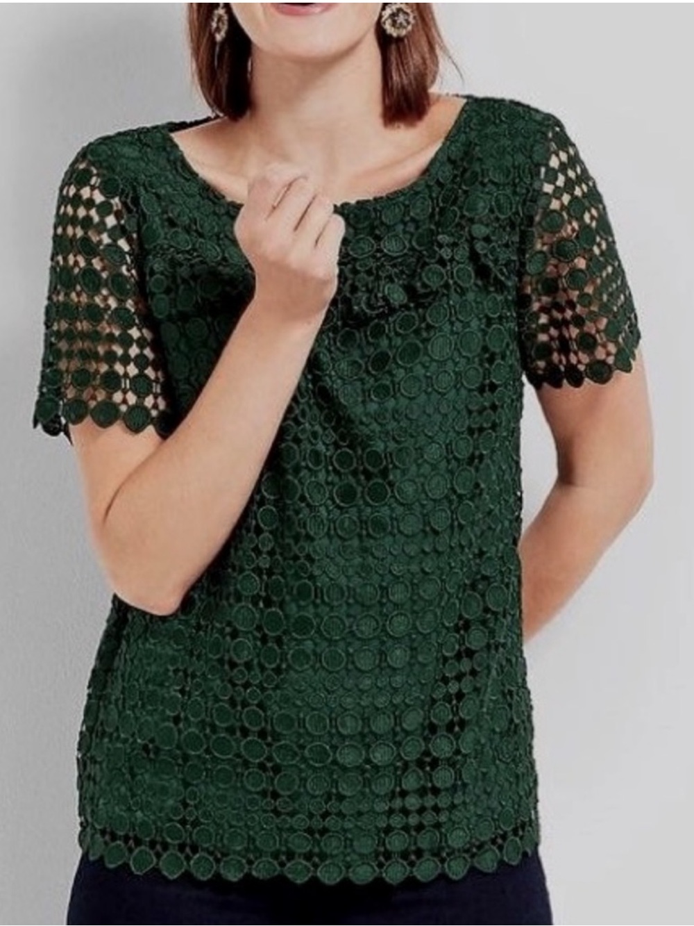 Talbots RSVP Hunter Green Circle Lace Top with Side Zip Size XLP Modern Romantic